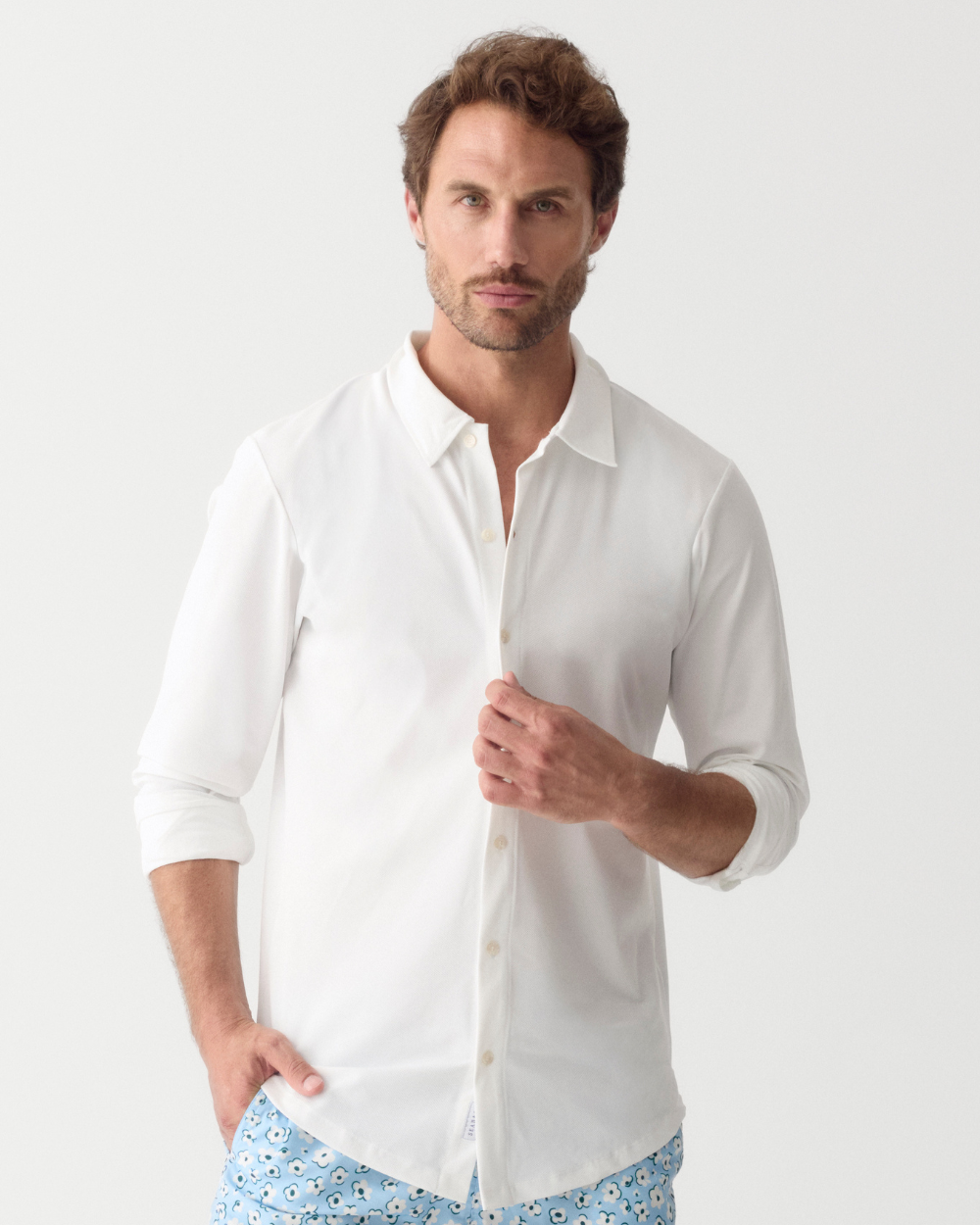 Men UV Classic Button Shirt Bar White